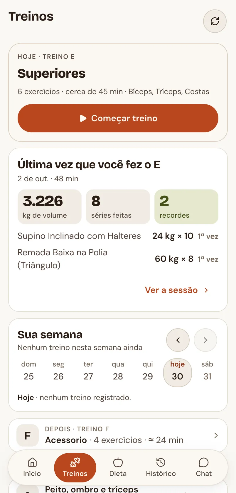 Treinos do aluno: treino de hoje, última vez e a semana
