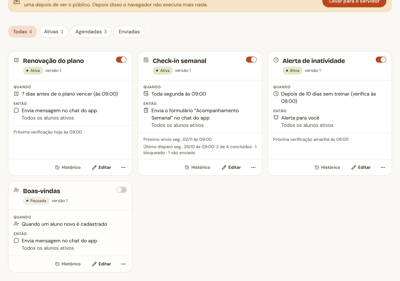 Automação Renovação do plano: 7 dias antes de o plano vencer, mensagem no chat do app