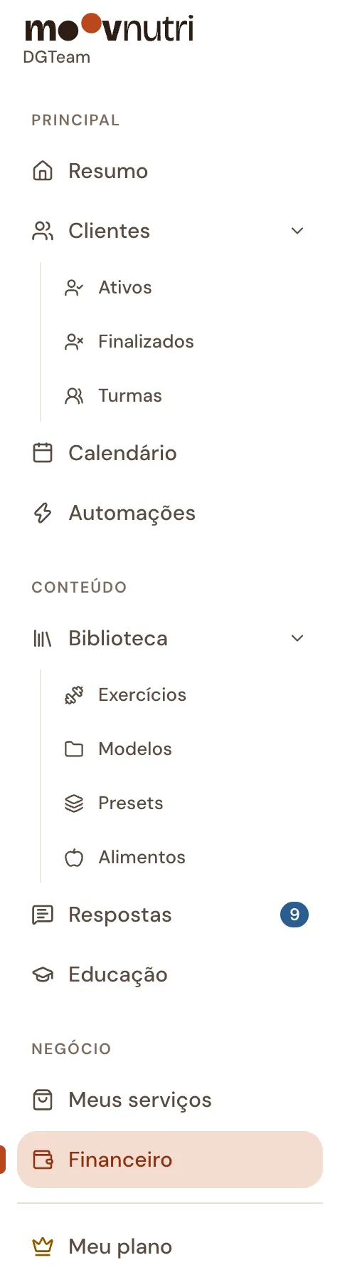 Menu do app: Resumo, Clientes, Calendário, Automações, Biblioteca, Respostas, Educação, Meus serviços, Financeiro e Meu plano