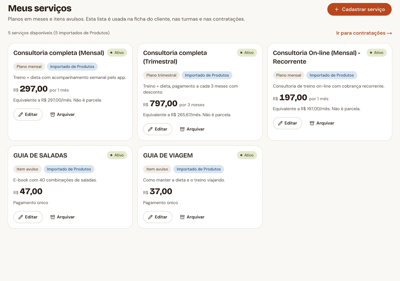 Meus serviços com planos mensal, trimestral e recorrente e itens avulsos