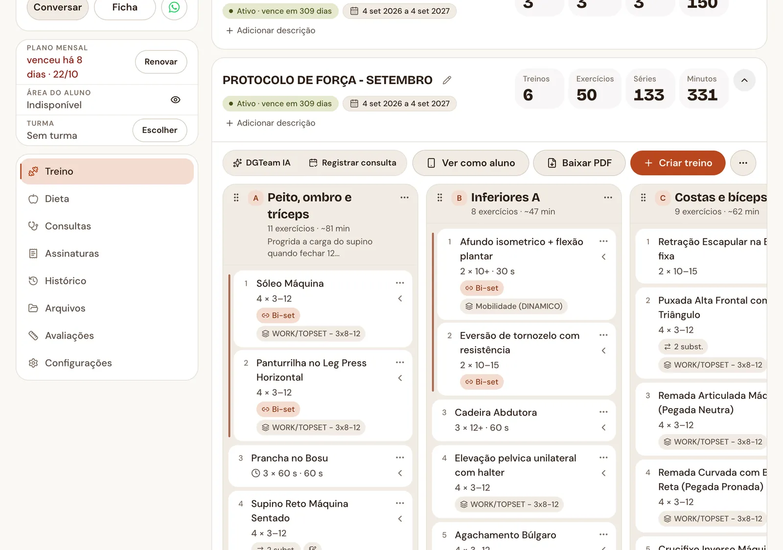 Protocolo de força com os treinos A, B e C em colunas